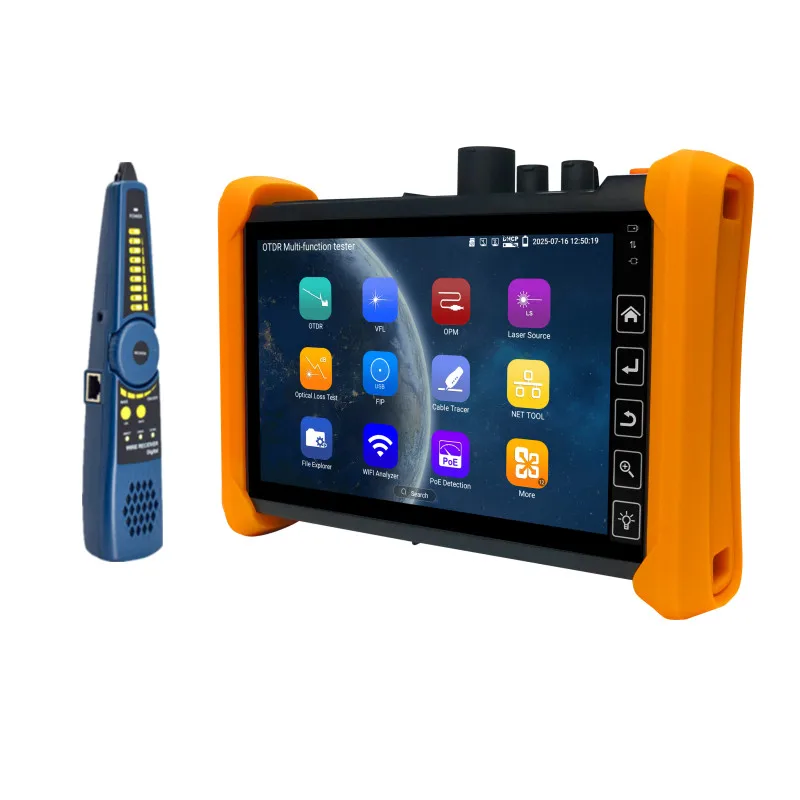 

7" OTDR Fiber Optical Tester with RJ45 TDR Cable Test UPC Event Map PoE Detection Optical Power Meter Visual Fault Locator