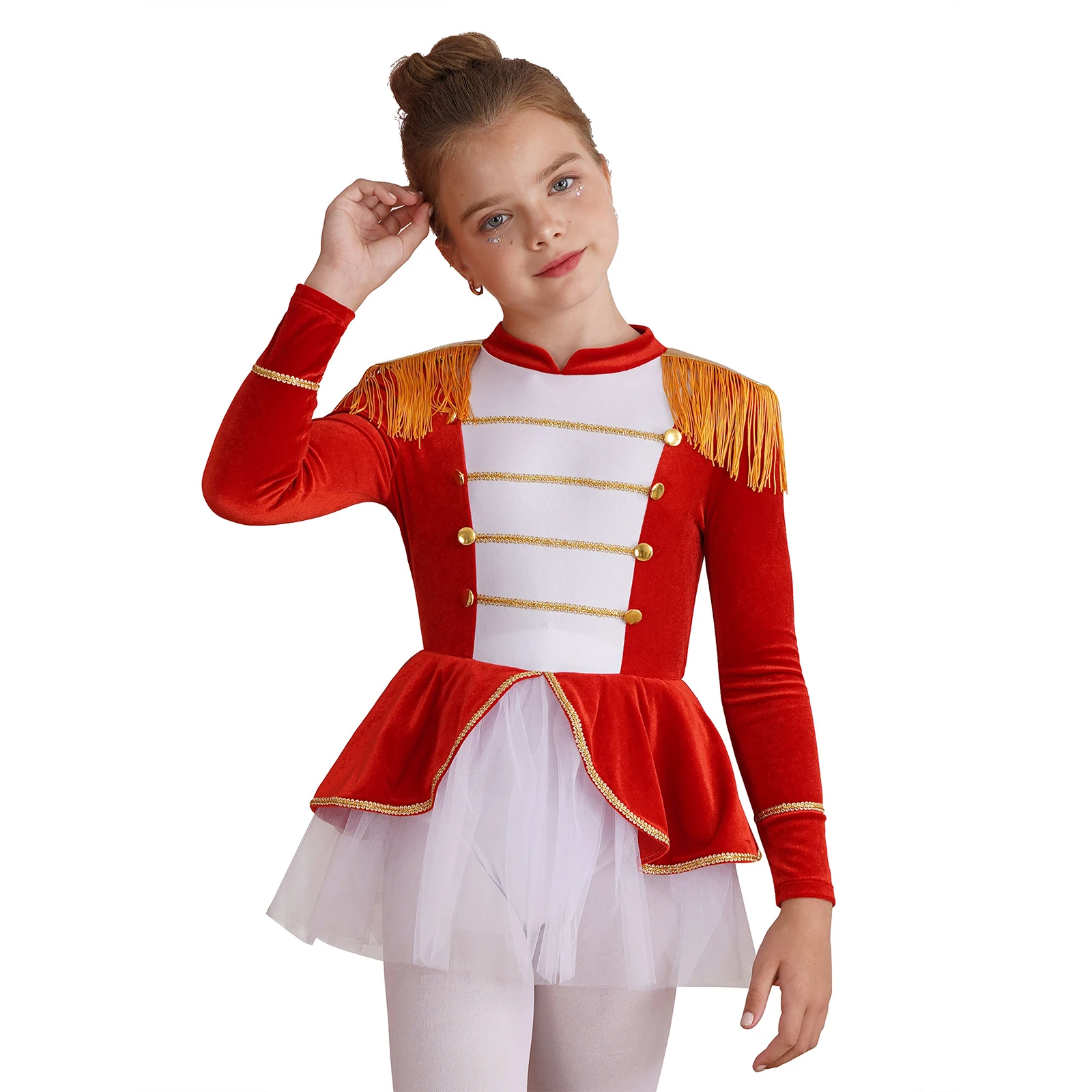 Kids Girls Circus Ringmaster Cosplay Costume Long Sleeve Mesh Tutu Dress Leotard Stage Show Performance Dress Up Outfits