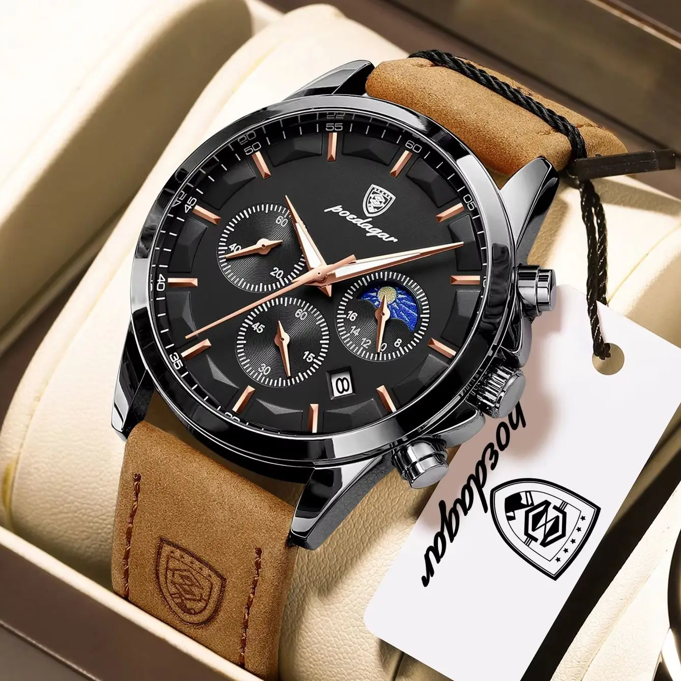 Relógio de pulso masculino POEDAGAR, com design moderno, movimento de quartzo, ponteiros luminosos, à prova d'água, com pulseira de couro, elegante, cronógrafo, indicação de data, relógio esportivo para homens.