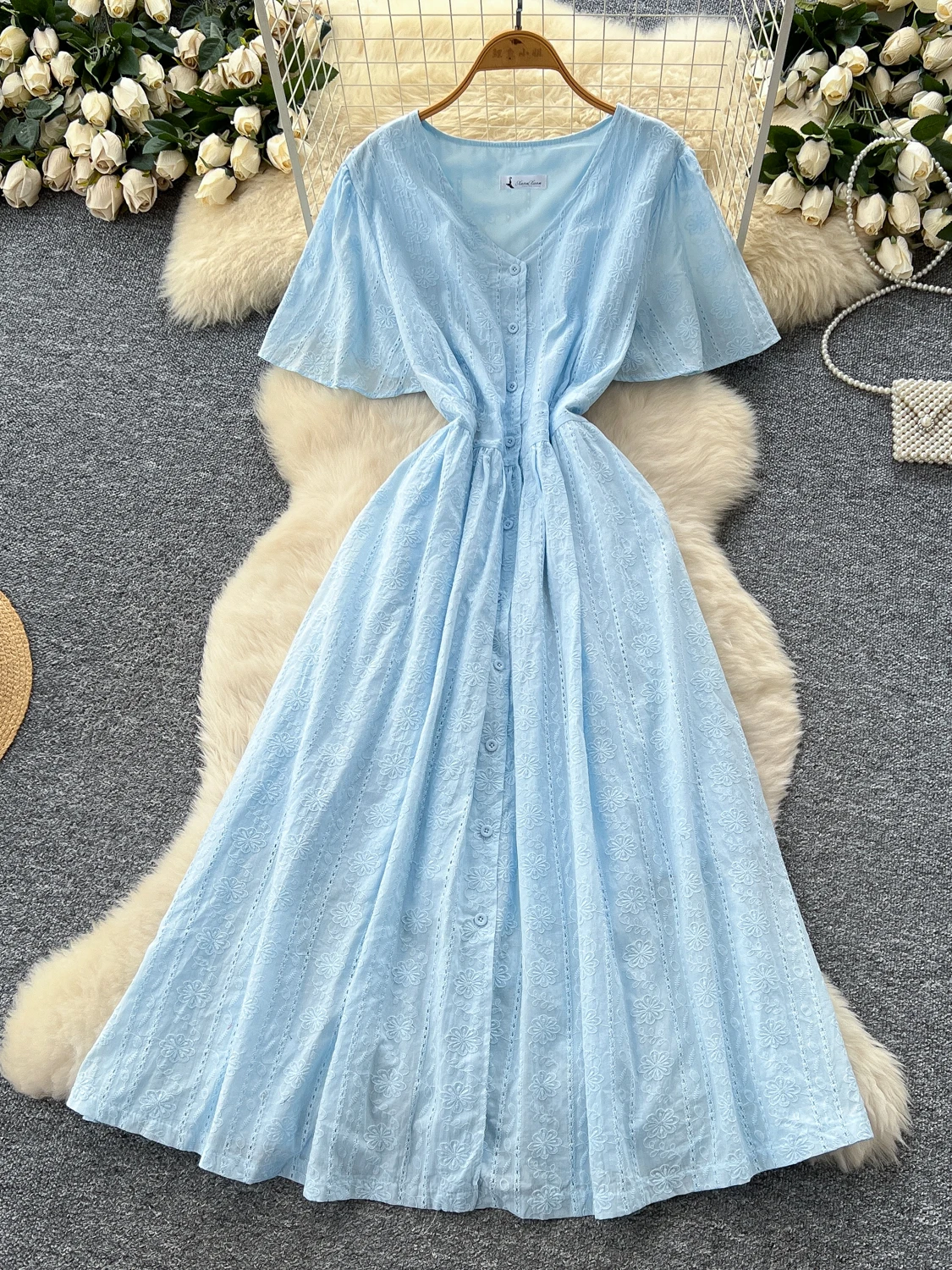 Vestido de Verano para Mujer, Estilo Coreano, Manga Corta, Cuello en V, Bordado, Cintura Ajustada, Falda de Línea A, Ropa de ...