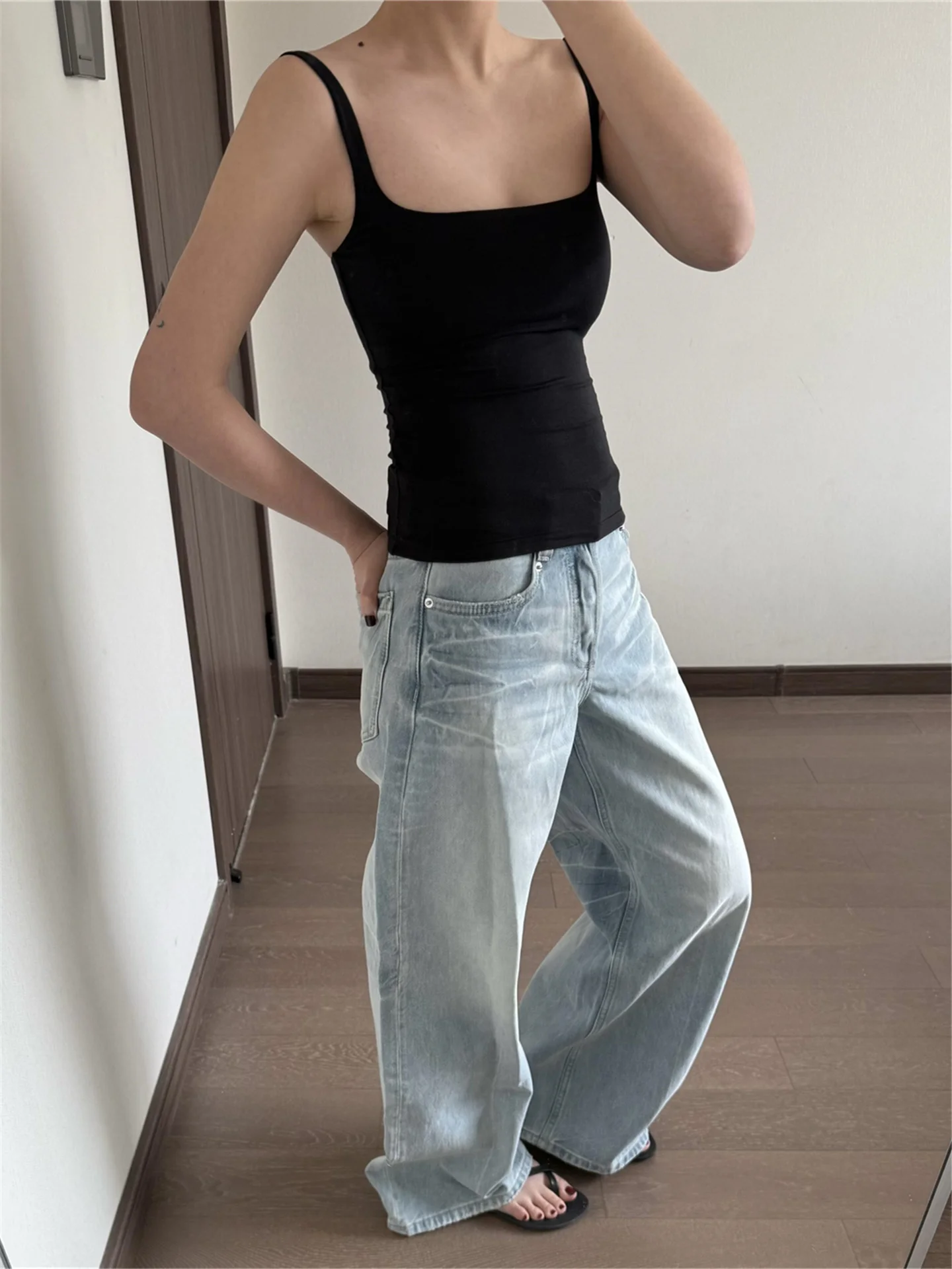 

Женские свободные джинсы с широкими штанинами, синие, весенние, удлиненные, с низкой посадкой, прямые, повседневный стиль