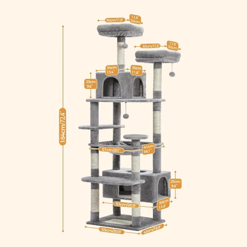 Árvore e torre grande para gatos de 72 polegadas para gatos internos - com postes de arranhões revestidos de sisal, poleiros acolchoados, condomínios e cesta