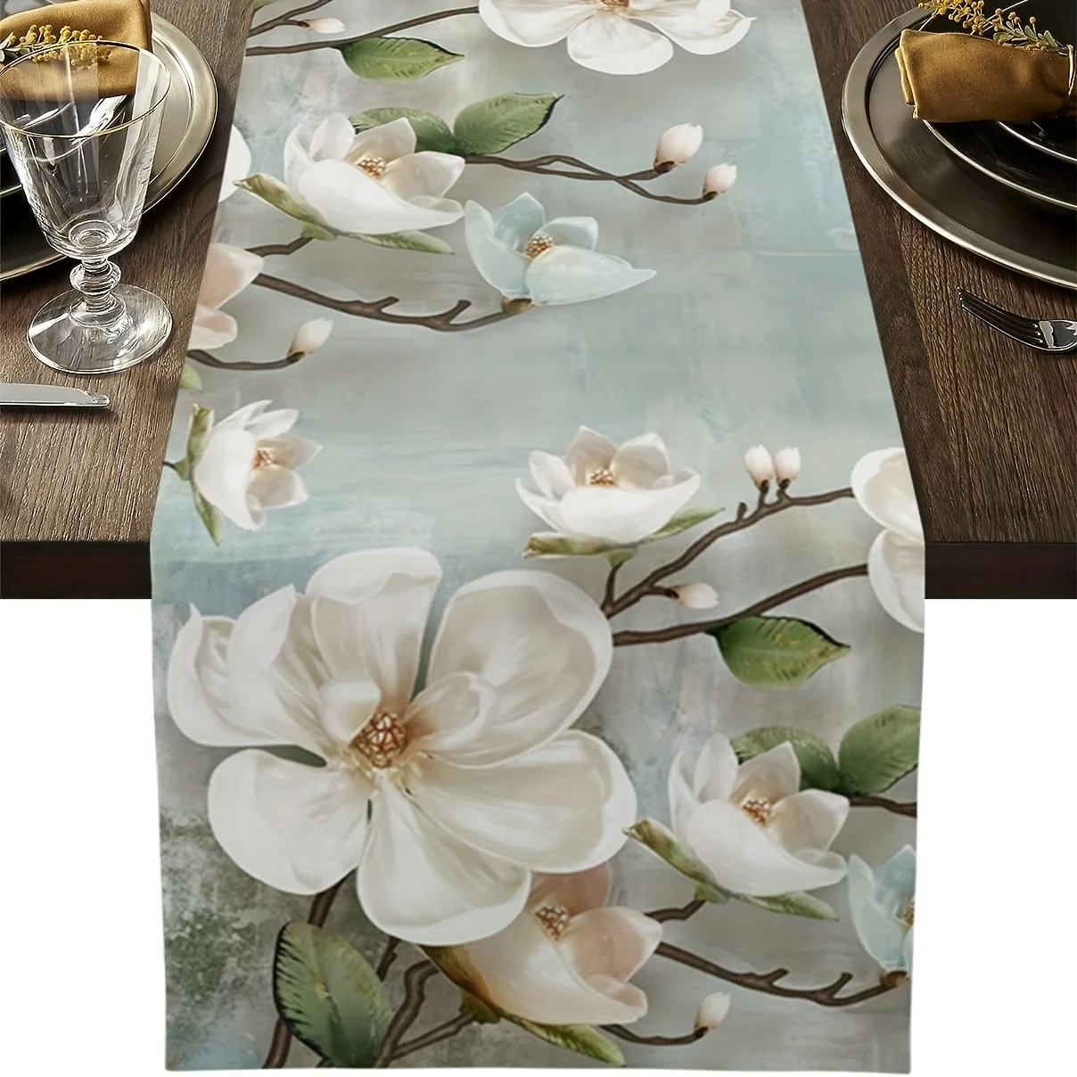 Watercolor Magnolia Linen Table Runner Art Summer Season Dresser Scarf Table Decor Home Outdoor Dining Table Wedding Party Decor