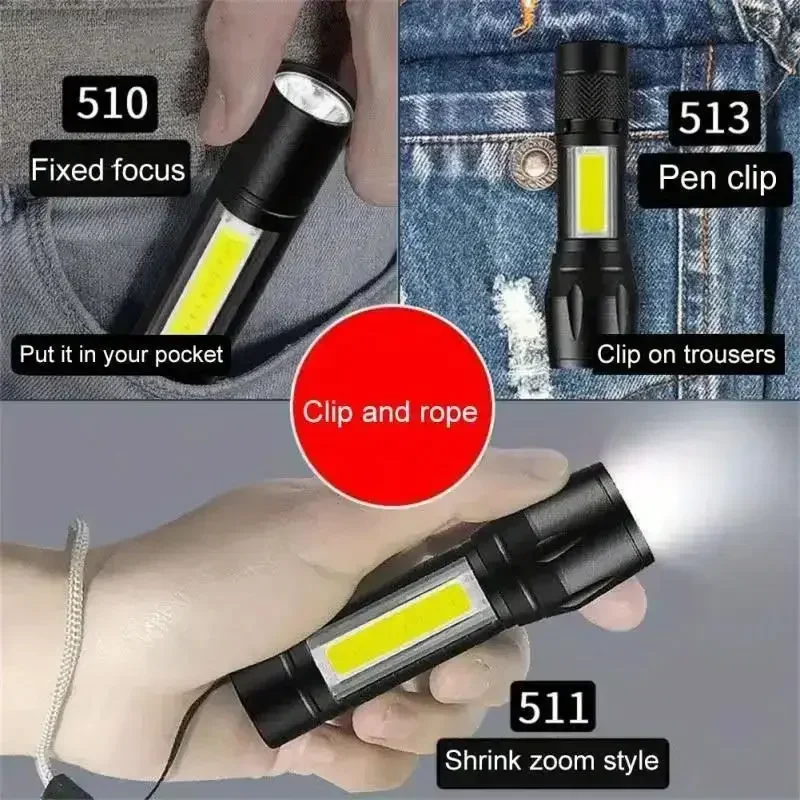 Mini Portable Flashlight COB+XPE Zoomable Small Torch USB Rechargeable Outdoor Camping Fishing Long Range Emergency Lantern