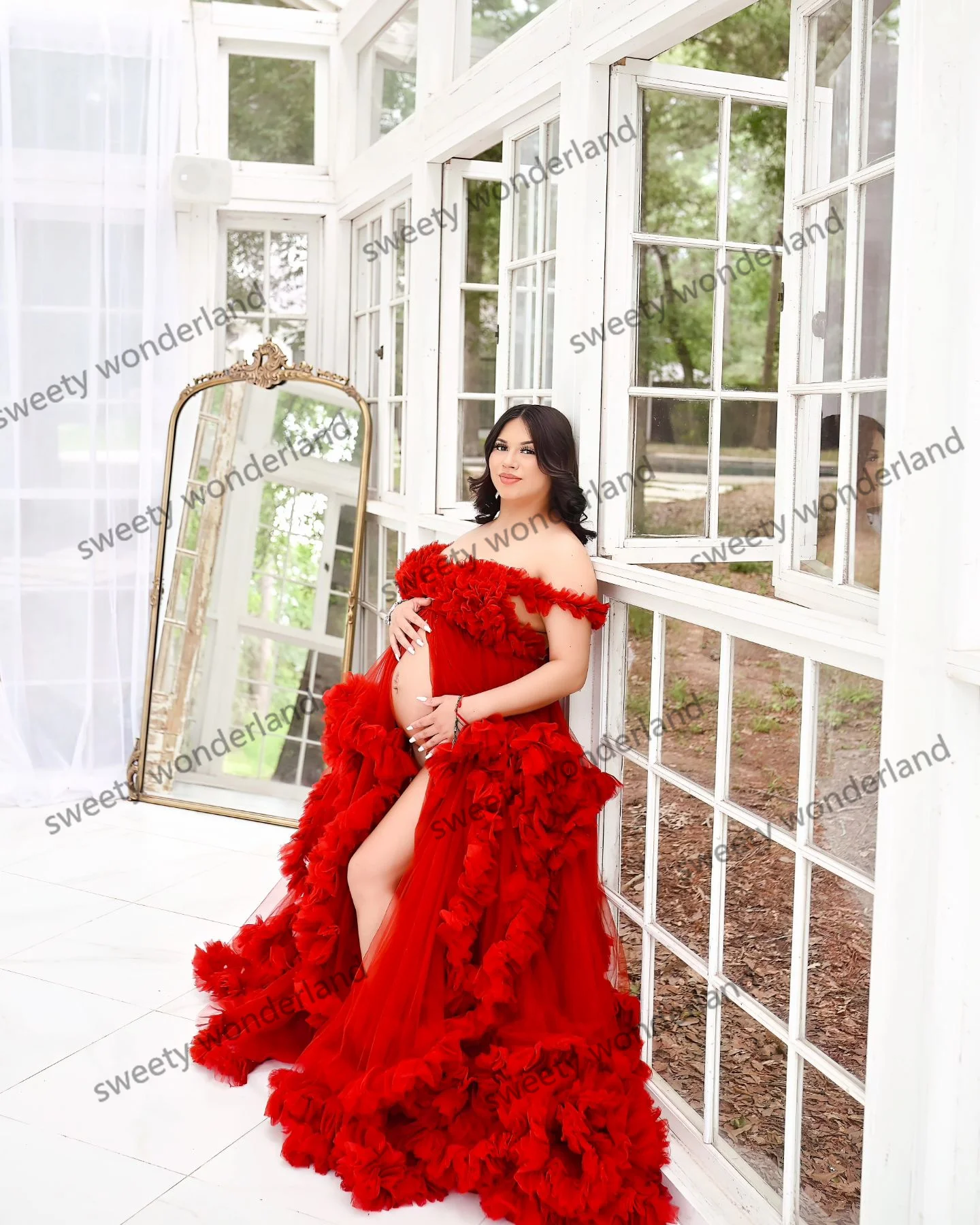 Red Prom Dresses Sleeveless Tiered Maxi Gown Ruffles Maternity Photoshoot Dress Ladies Pregnancy Baby Shower Vestidos