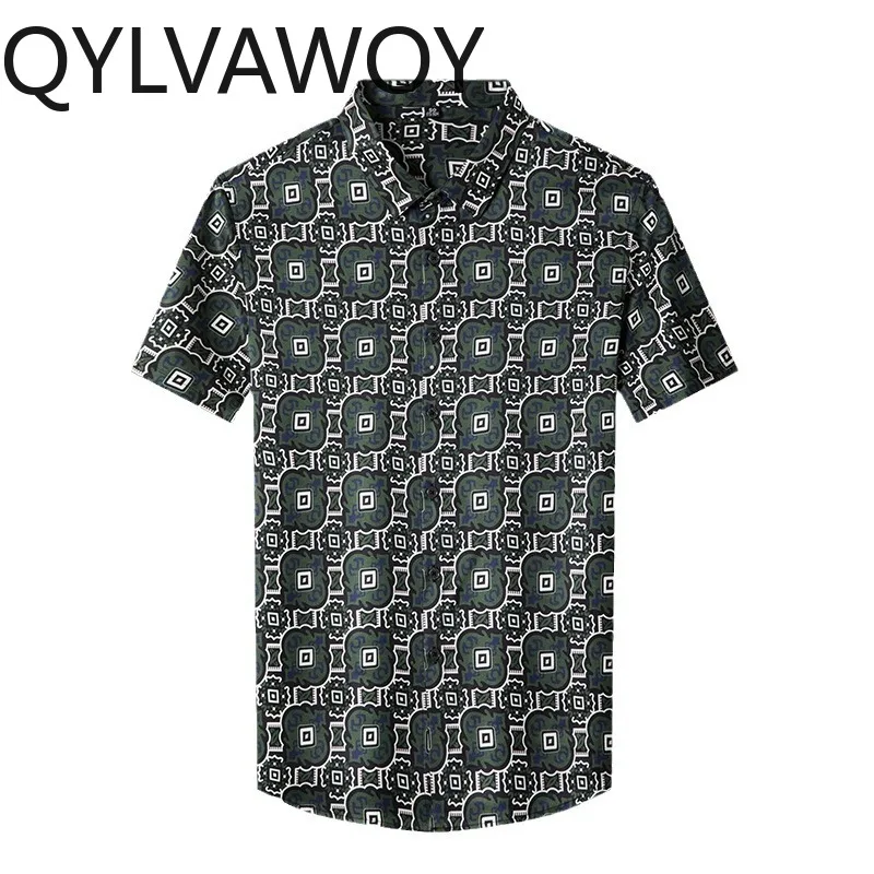 

QYLVAWOY Printed Men's Shirts 90.8% Mulberry Silk Shirts for Man Thin Summer Tops Short Sleeve Shirt Clothes Business Casual