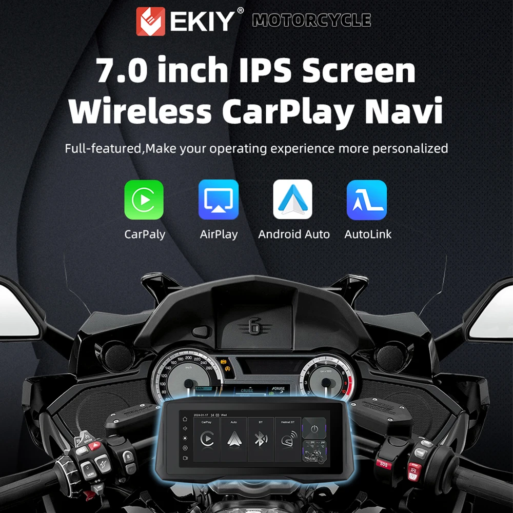 EKIY 7 inch Portable Digital Motorcycle Dashboard GPS Navigation Display Screen Wireless CarPlay Moto Android Auto Monitor TPMS