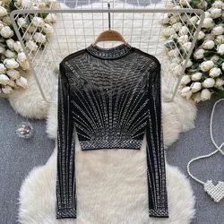 Women Chic Sheer Mesh Rhine Stone Long Sleeve Crop Top Slim Sexy Korean T-shirt Fashion O Neck Women Shirt