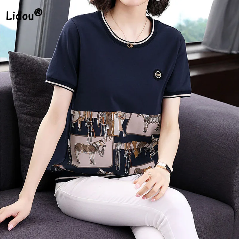 Fashion Female Printed Spliced Casual T-shirt Summer New Women\'s Clothing Korean Loose Round Neck Short Sleeve Tops Pullovers