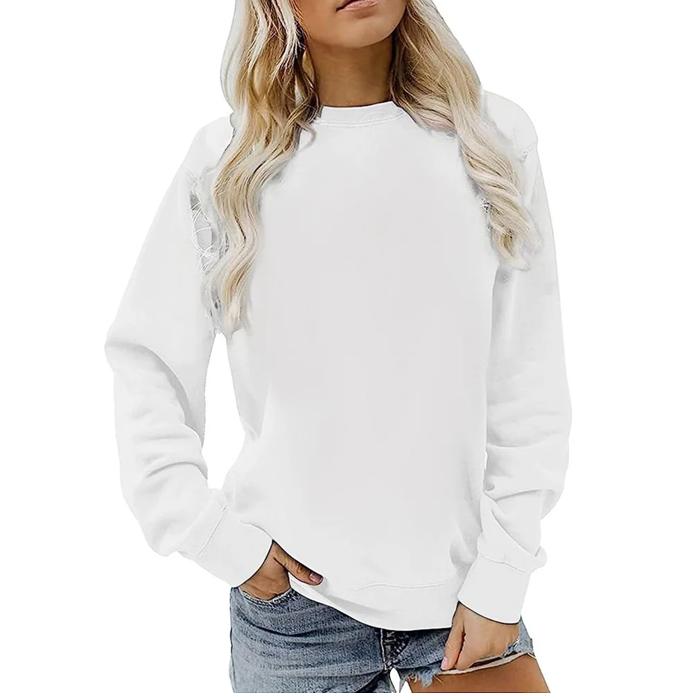 Ladies Solid Color Pullover Sweater Loose Casual Solid Color Top Long Sleeve Round Neck Sweatshirt White Streetwear One Piece