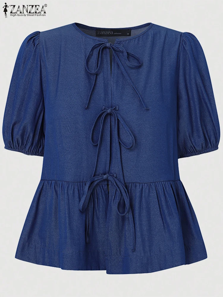 

Holiday Summer 2025 Pleating Stitching Shirt ZANZEA Women Office Lady Blouse Fashion Korean Bowtie Lace Up Tops Vintage Blusas