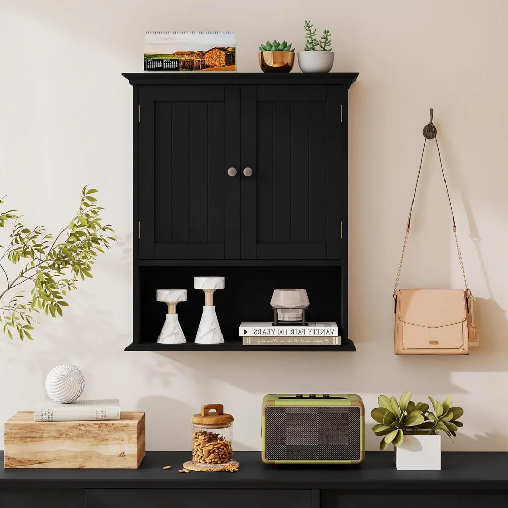 خزانة تخزين الحمام المثبتة على الحائط بباب مزدوج مع رفوف قابلة للتعديل للاستخدام متعدد الأغراض