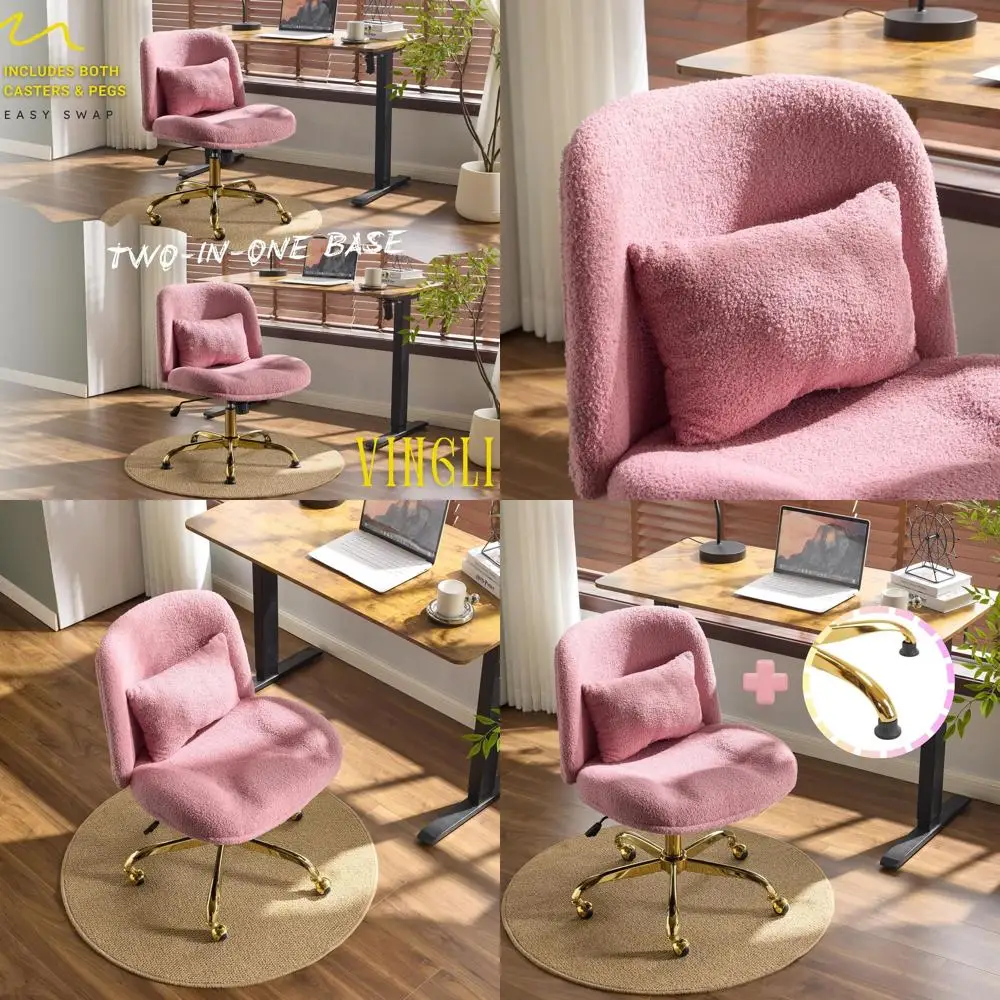 

Ergonomic Swivel Desk Chair with Pillow, Gold Base, and Dual-Use Wheels Option, Plush Purple for Home Office and Bedroom