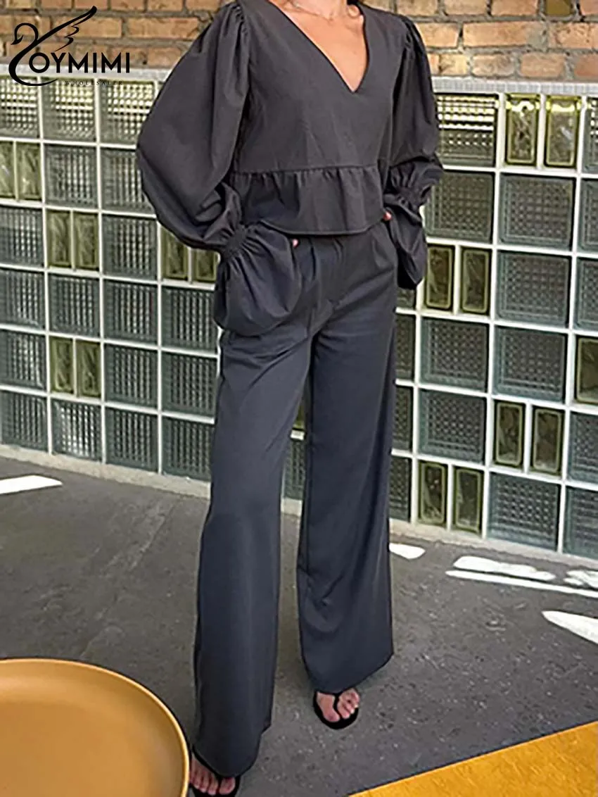 Oymimi-Ensemble Deux Pièces en Coton Noir pour Femme, Chemisier Élégant à Manches sulfet Col en V, Pantalon Droit Simple et Taille Haute