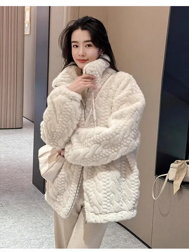 

Осень-зима 2024, корейское издание с мехом и кроликом, зимнее пальто с воротником-стойкой, свободное толстое пальто для молодых ягненков