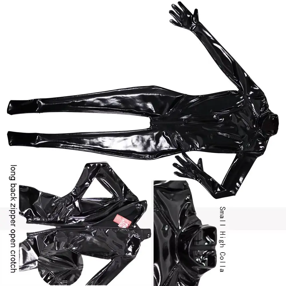 Men Shiny PVC Leather Catsuit Bodysuit Long Sleeve Gloves Footed Back Zip Open Crotch Wet Look Zentai Clubwear Costume Jumpsuit
