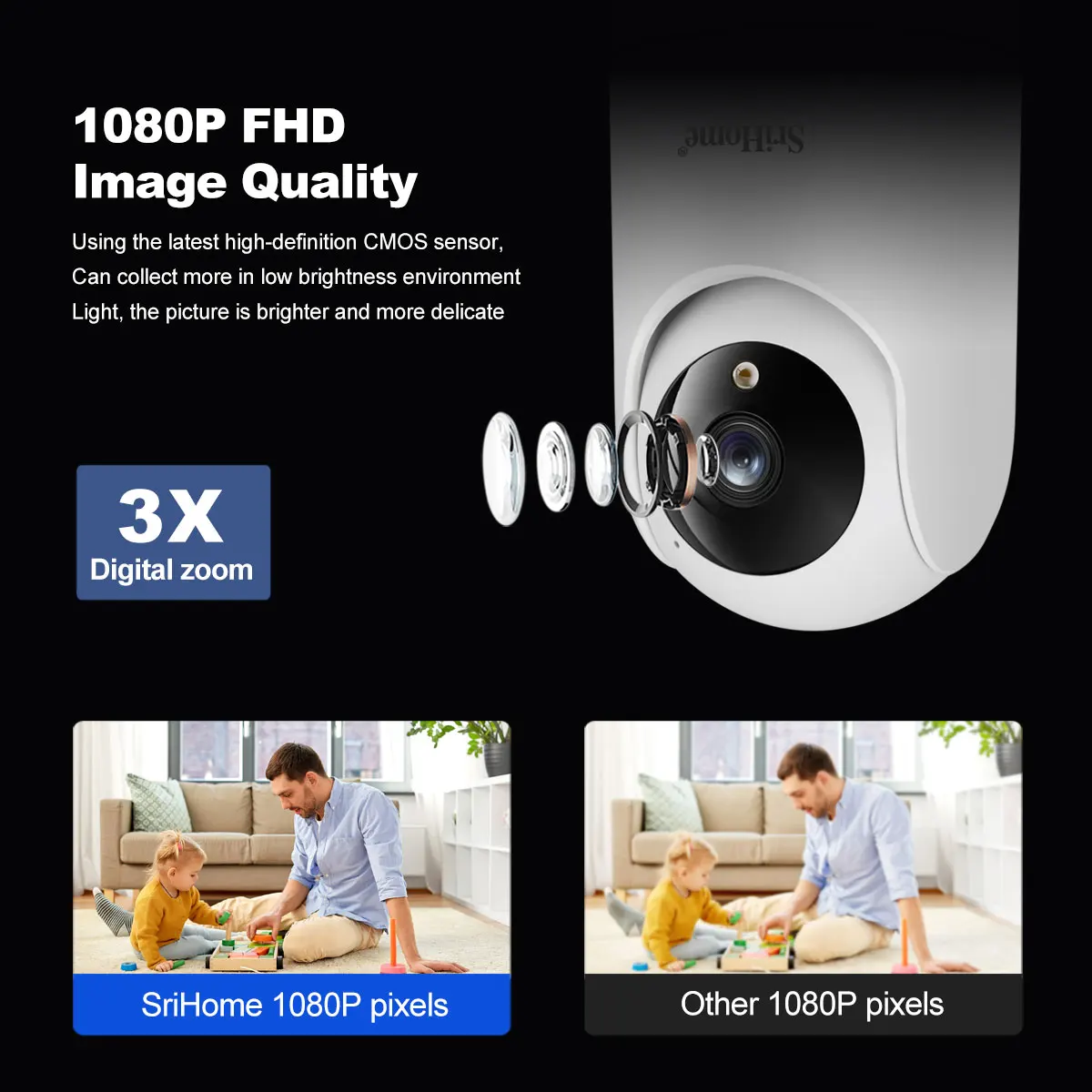SriHome 2MP WiFi IP Camera Full HD PTZ IR Night Vision Two Way Audio Baby Monitor Auto Tracking Home Security Camera SH042