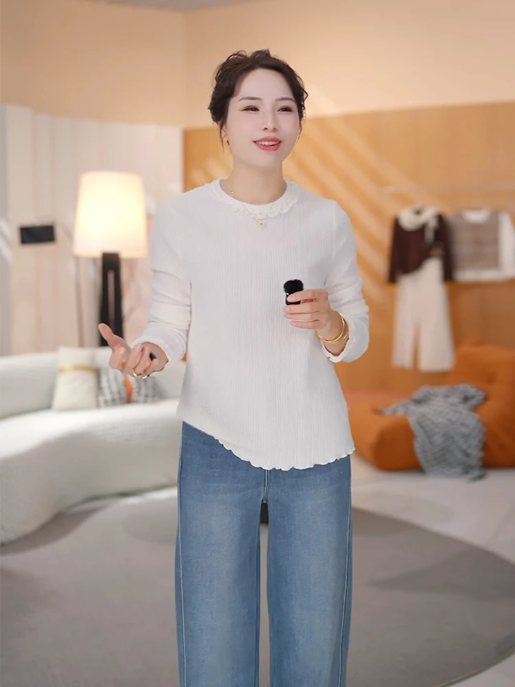 

Design Sensation Knitted Top Women's Spring Lace Trim Patchwork Base Layer Sweater Casual Sle Soft Polyester Fiber Long Sve