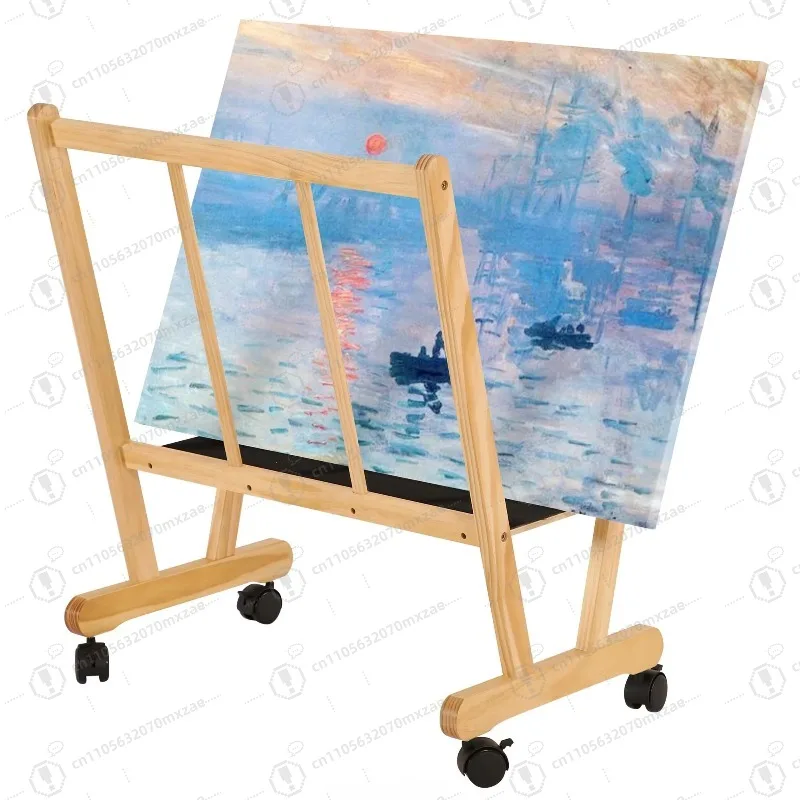 grand-support-de-fleurs-imprime-en-bois-naturel-mobile-avec-roulettes-ainsi-que-presentoir-d'artiste-et-support-de-rangement