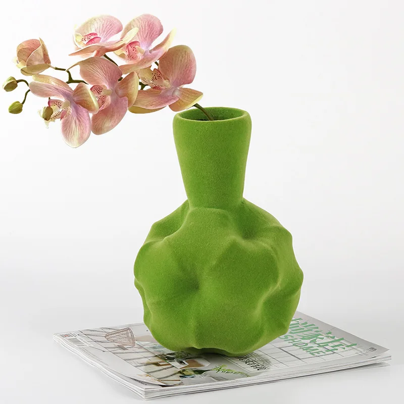 Modern flocking flower ware art flower arrangement ornament model room hotel homestay home high-end vase soft decoration