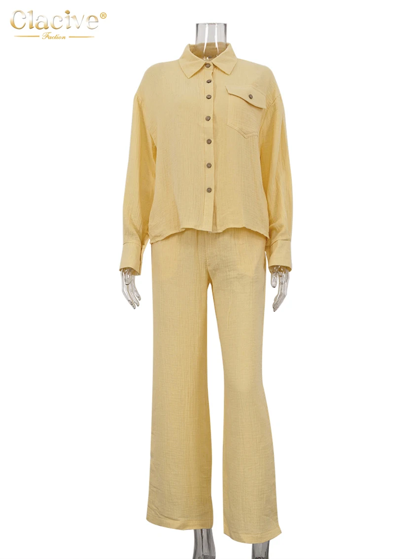 Clacive Fashion Loose Yellow Cotton Trousers Sets For Women 2 Pieces Elegant Long Sleeve Shirt With High Waist Wide Pants Set
