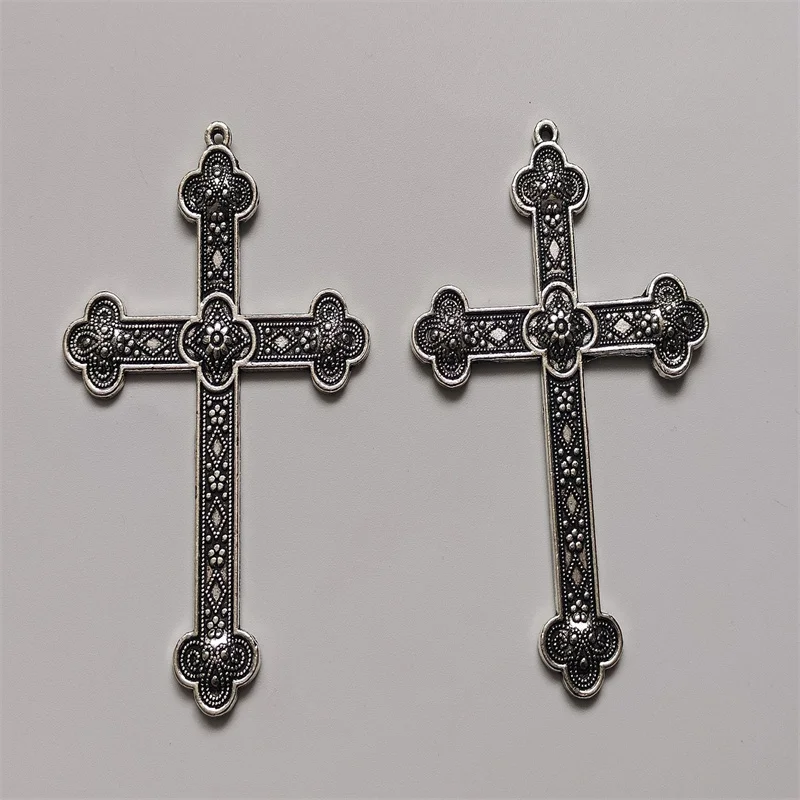 3pcs Silver Color Black 80x54mm Flower Cross Charms Jesus Faith Pendant Jewelry Making DIY Handmade Craft Accessories Wholesale