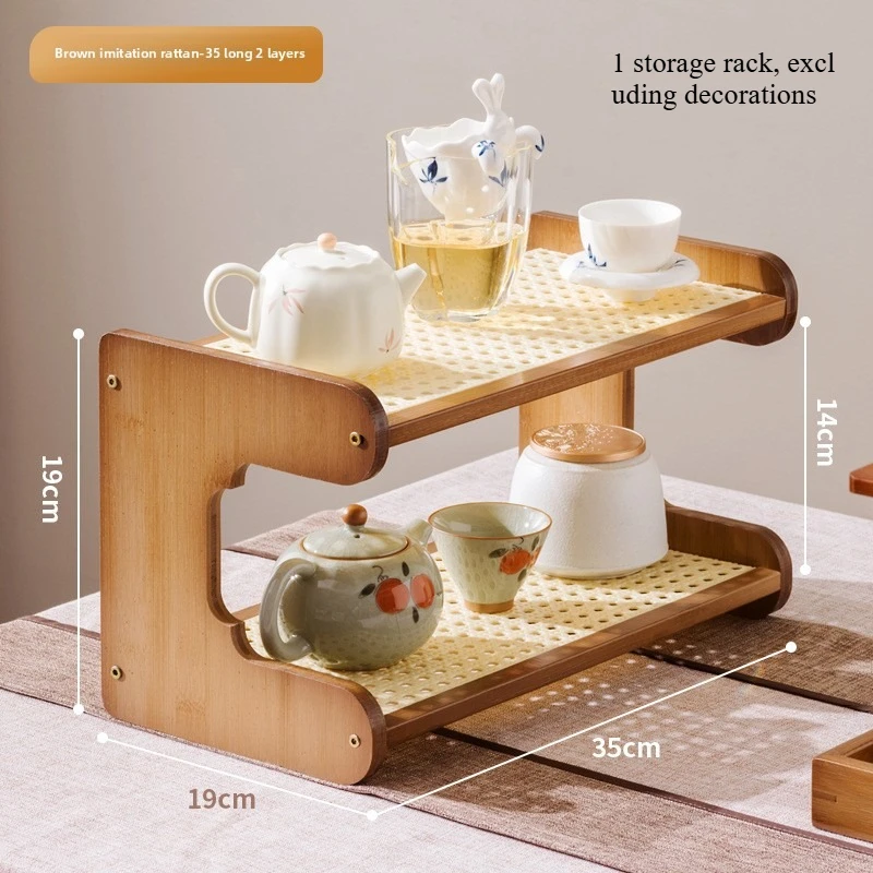 Desktop Antique Display Shelf, Mini Tea Set Organizer for Cups & Pots,Chinese Style Curio Cabinet, Tea Ceremony Decoration Stand