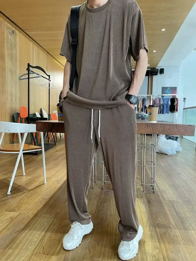 

Nylon Man Trousers Sets Sweatpants High Quality Short Quarter Sleeve Fashion 2025 Original Brands T-shirts Pants Suits for Men