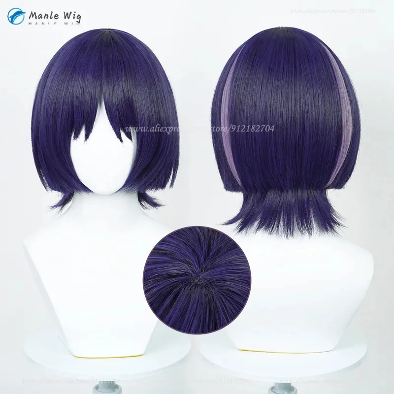 게임 Scaramouche Wanderer Balladeer 코스프레 진한 파란색 보라색 짧은 애니메이션 내열성 합성 머리 + 가발 모자 f.;78;hbo