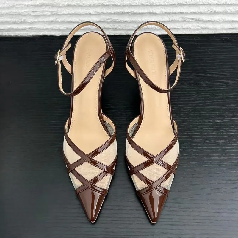 

Mesh Cross Narrow Band Kitten Heel Women Sandals Breathable Ankle Strap Heels for Women Elegant Wedding Dress Party Shoes Women