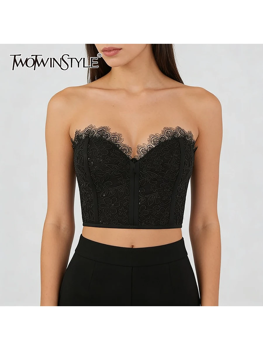 

TWOTWINSTYLE Slimming Spliced Lace Elegant Vests for Women Strapless Sleeveless Patchwork Sequins Short Vest Female Clothing New