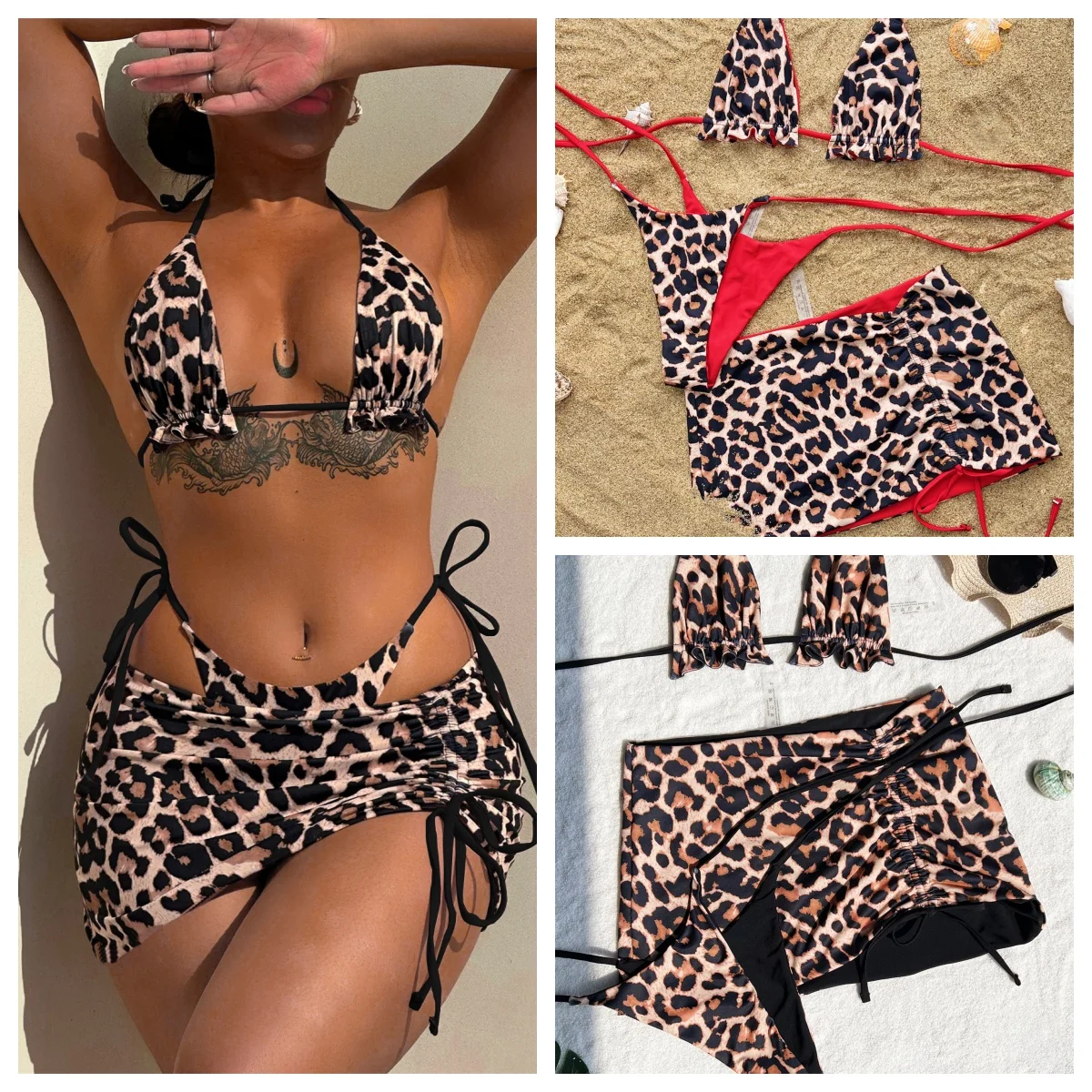 Conjunto de Bikini de 3 piezas para mujer, traje de baño con estampado de leopardo, Tops deportivos de realce, trajes de baño para mujer