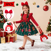 2026 New Year Dress For Baby Girls Autumn Long Sleeve Princess Dress Kids Red Patchwork Xmas Gift Deer Print Christmas Dresses