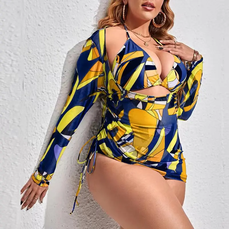 Cikini-Three-Piece Printed Mesh Bikinis Set for Women, Plus Size Swimsuit, Beach Swimwear, Bathing Suit, Summer, New, 2022