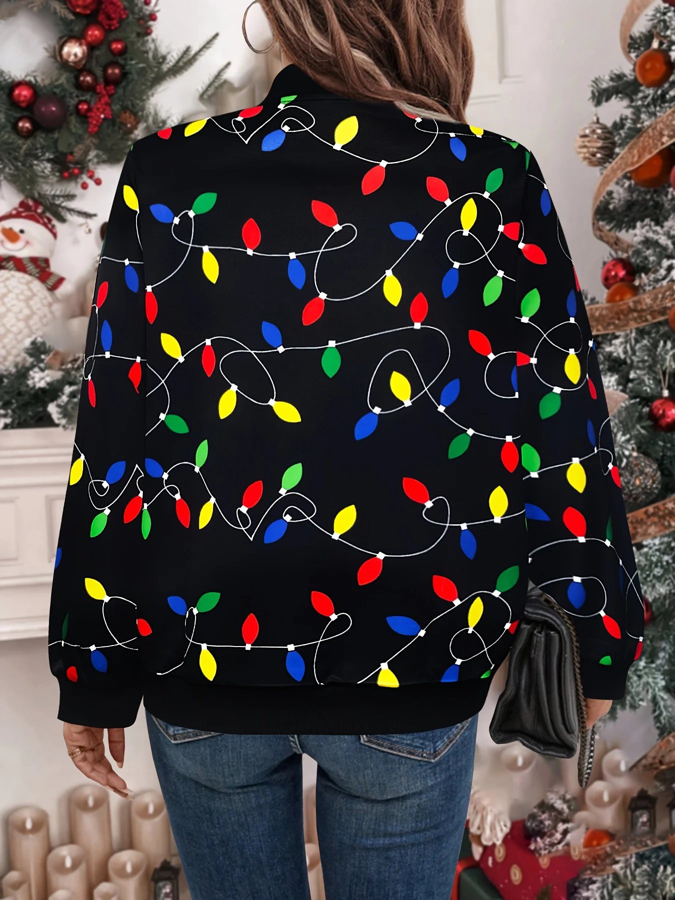 Giacca da donna con stampa fata natalizia, design fantasy multicolore, cappotto invernale con zip intera, capispalla casual per le vacanze