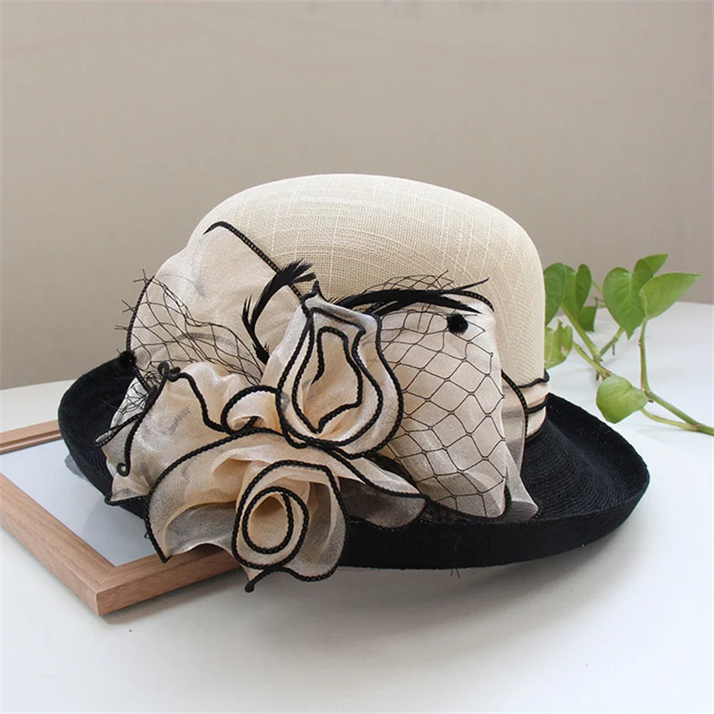 British Lady Deby Race Fedora Hat Summer Church Elegant Sinamay Flower Linen Sun Cap Women Vaction Curl Brimmed Cloche Hats