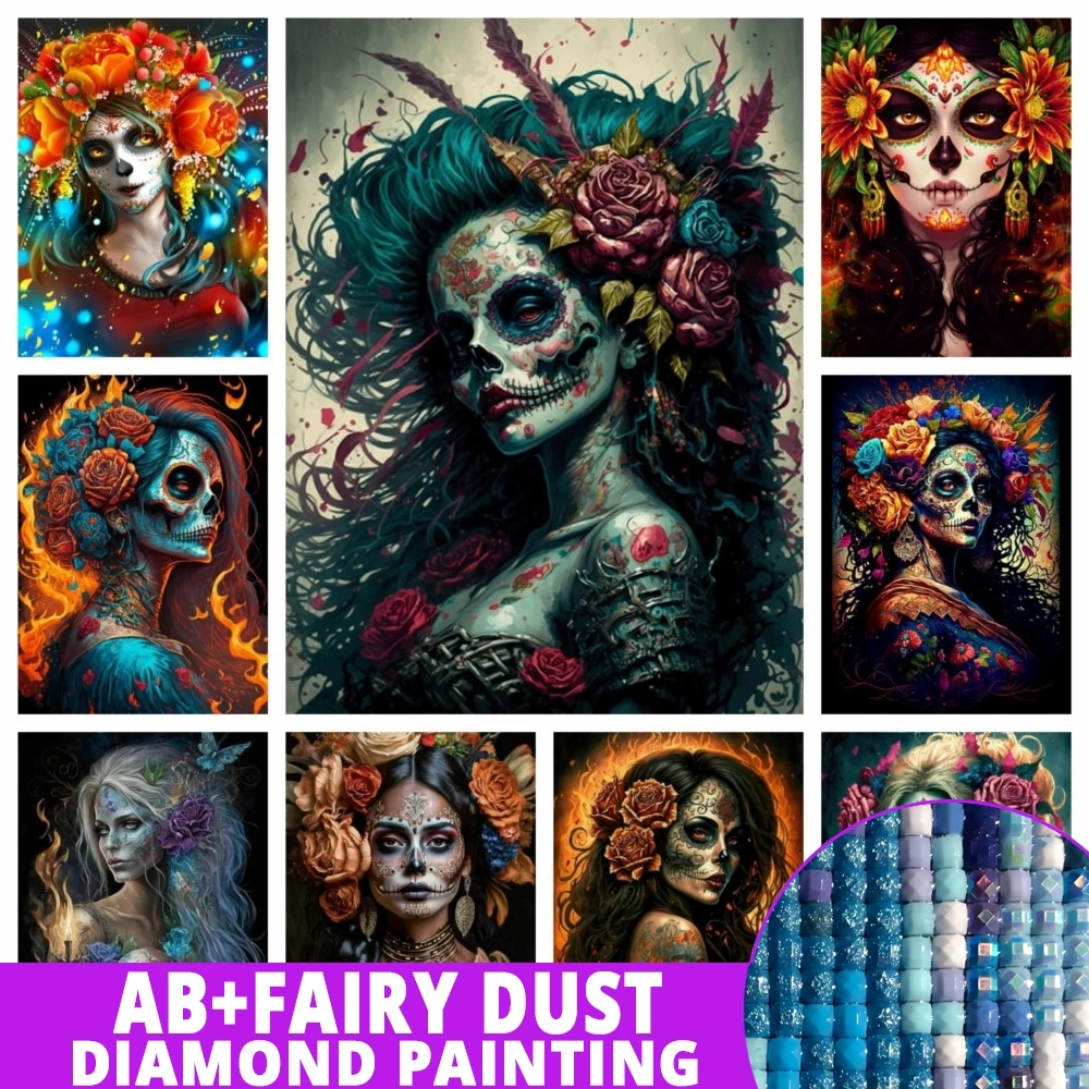 Fairy Dust AB La Calavera Catrina 5D DIY Diamond Painting Flowers Skull Woman Mosaic Embroidery Rhinestones Halloween Gift