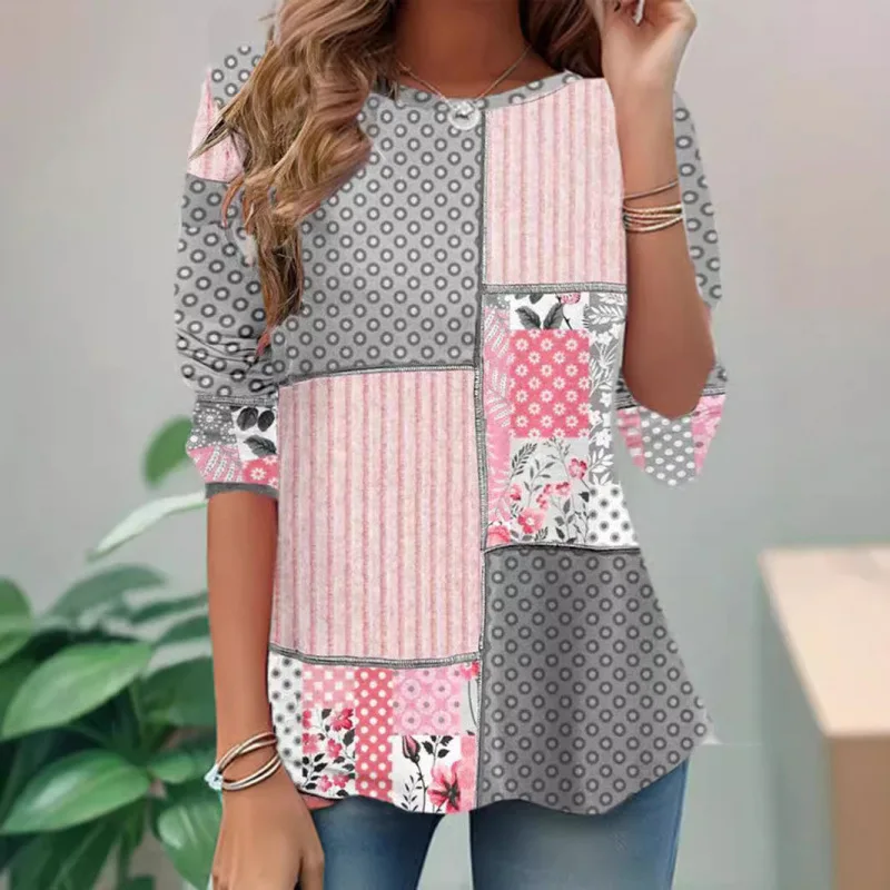 Otoño Invierno Plaid Sle Long Sve redondo Ne Retro mujer camiseta 6809 patrón de lunares tela de lino estampada ex