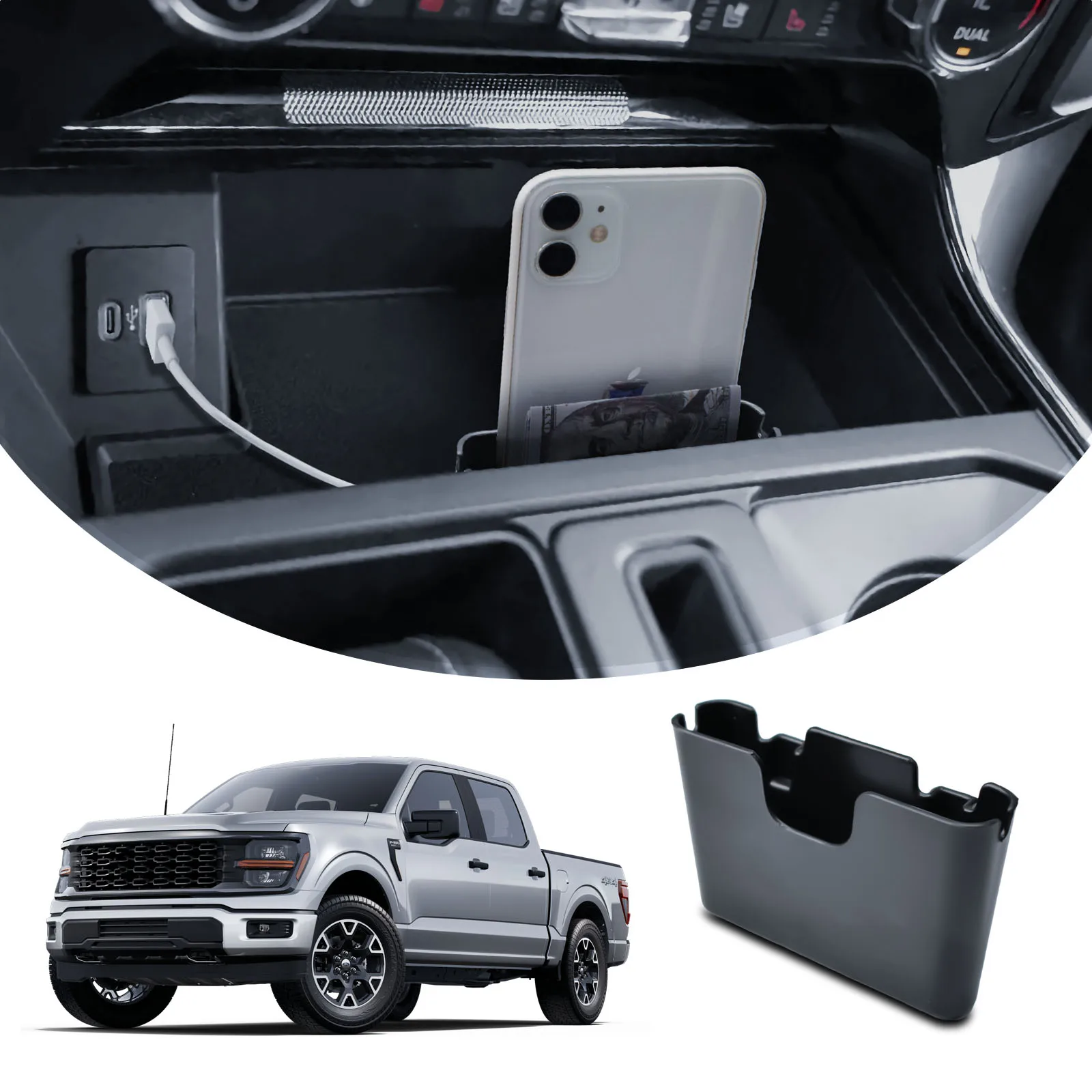 

Подвесной ящик для хранения телефона на центральной консоли для 2021-2024 2025 Ford F150, держатель для телефона с переключением передач, подвесной органайзер для хранения, автомобильный лоток