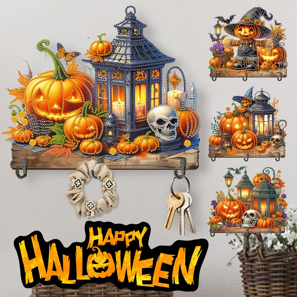 Halloween Decoration Wooden Special Shape Scarecrow Pumpkin Rhinestone Painting Coat Hook DIY Diamond Painting Art Hooks Decor