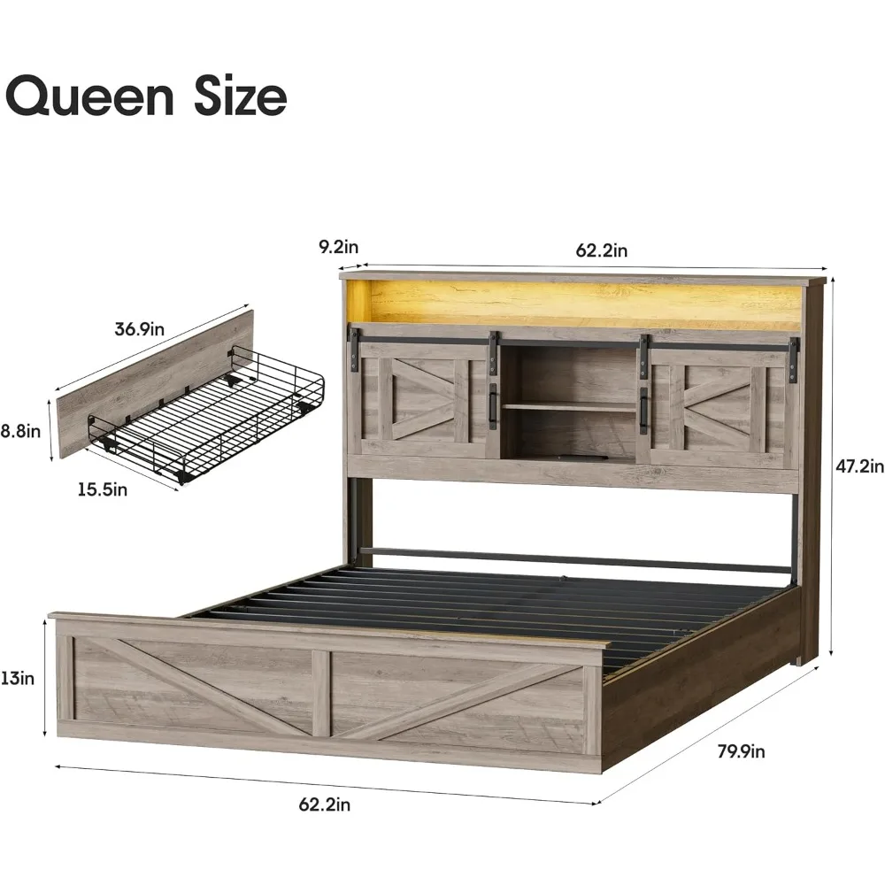 Farmhouse Bed Frame with 4 Drawers and Bookcase Headboard, Sliding Barn Door Storage Shelves, LED Lights and Charging Station