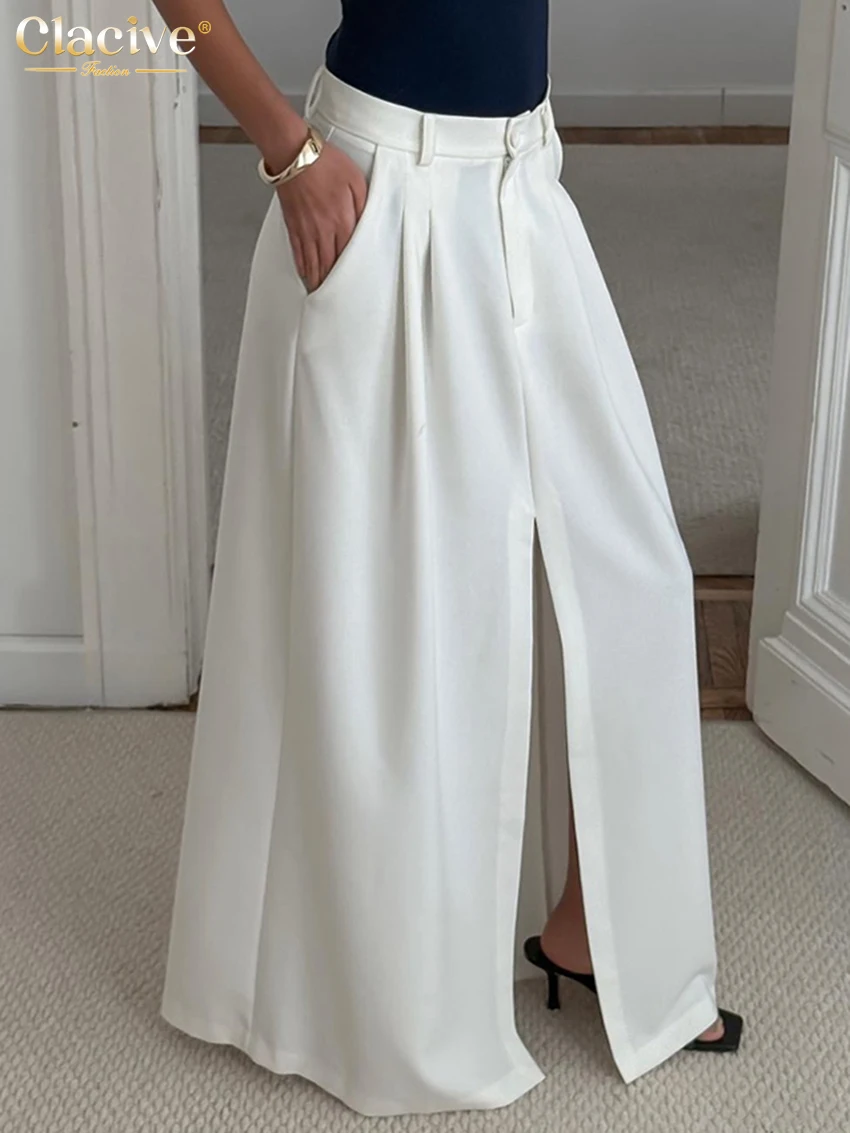 Clacive Fashion Loose White Women's Skirt Casual High Waist Maxi Skirt Elegant Classic Slit Solid Skirt Female Clothing 2025