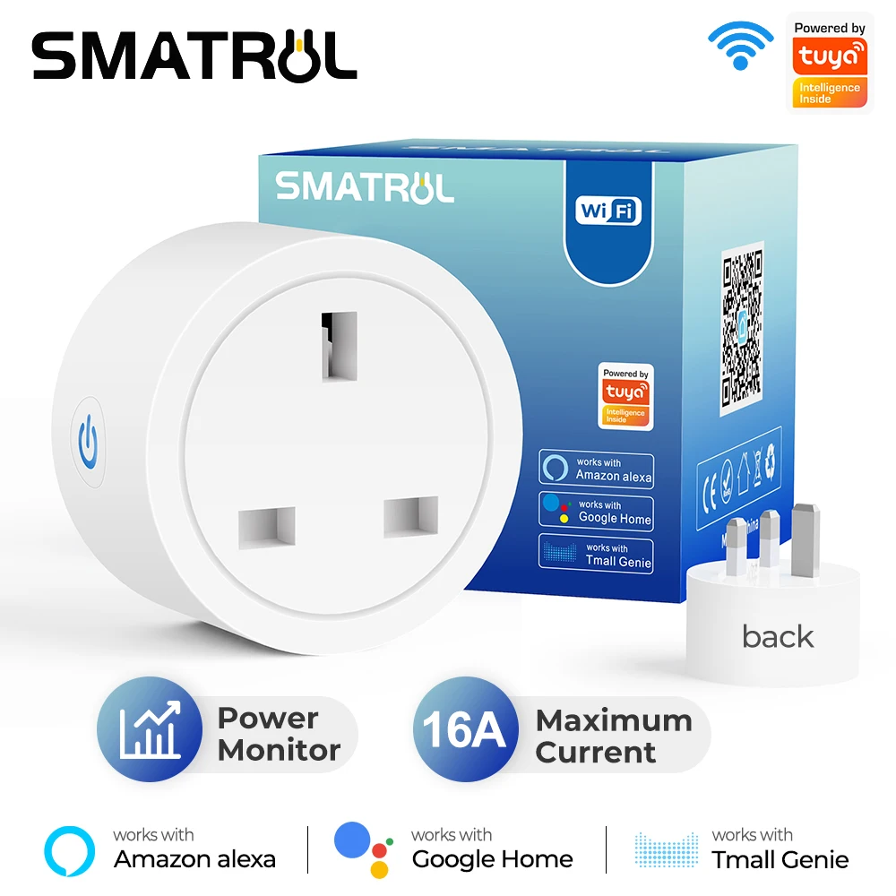 SMATRUL Tuya WiFi Smart Plug Socket UK 16A Adaptor Wireless Remote Control Power Energy Monitor Timer For Alexa Google Home