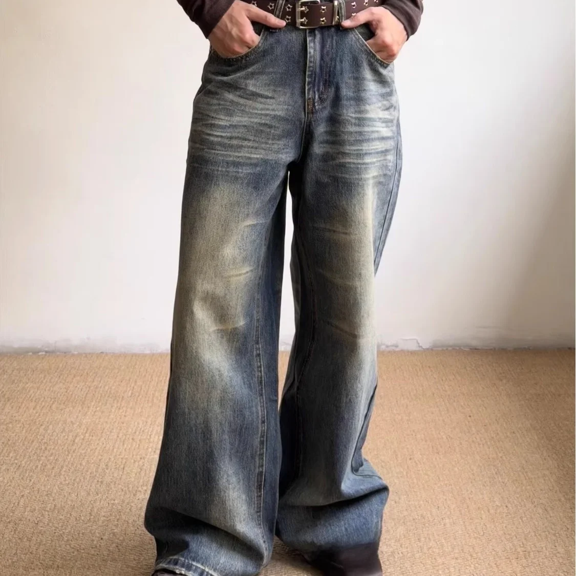 

Американские винтажные мужские джинсы свободного кроя в стиле High Street, широкие брюки, модные, из смесового хлопка и полиэстера