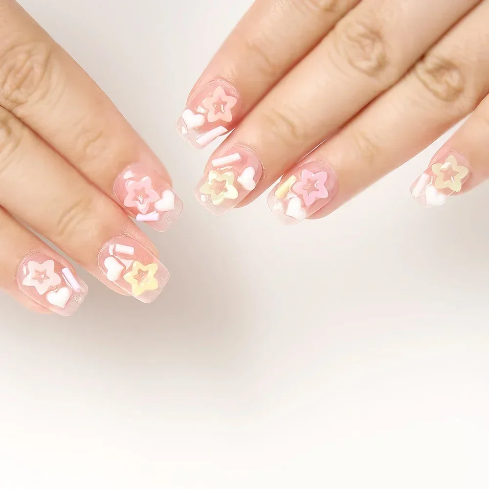 10Pcs Pink Cute Bear Design Press on Nails Short Square Handmade Fake Nails with Glue Reusable Full Cover False Nails Tips