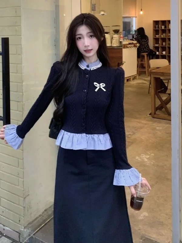 

plus Size Women's Skirt Set Slimming Meat Covering Autumn Fashion Set for Plump Women Long Sleeve round Neck Commute Style