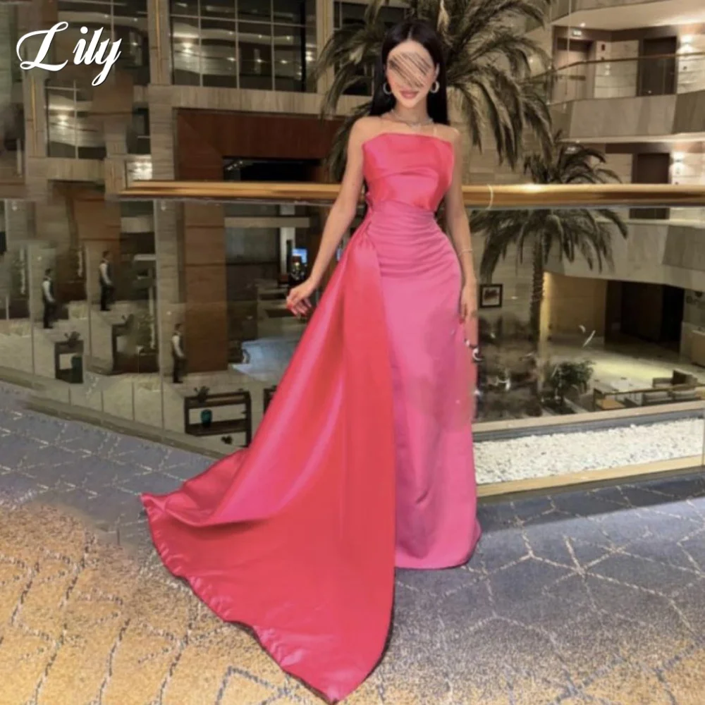 

Lily Hot Pink Party Dresses Satin Pleats Strapless Evening Dresses Sleeveless فساتين السهرة for Wedding Customized