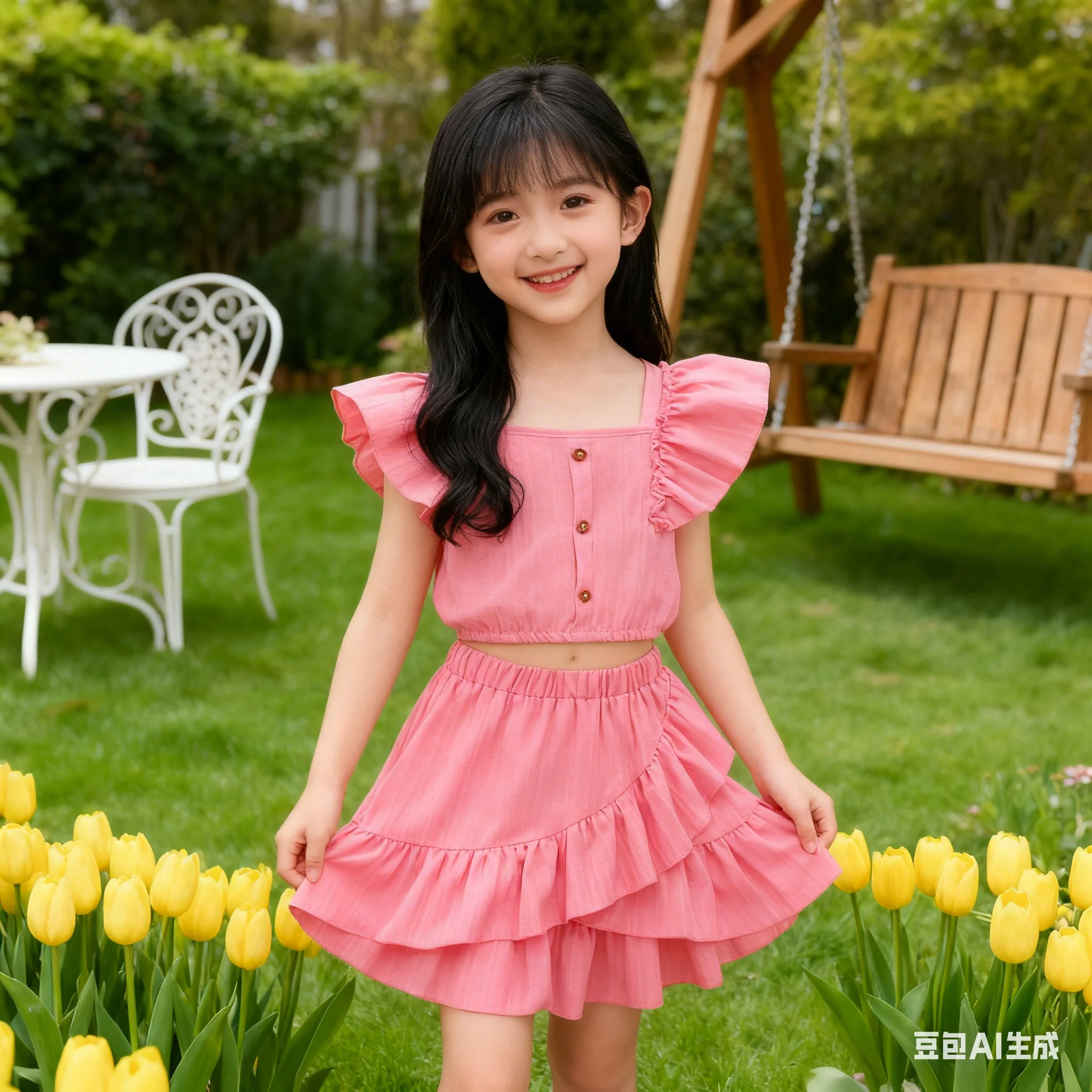 

8-11 Year old Girls' set Flying Sleeves Rose red Top Irregular Lotus Edge Skirt Two-piece Set of Girls' Summer Fashion Clothing