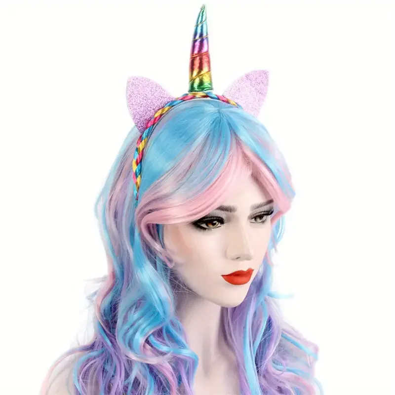 24 Inch Wavy Multi-Color Synthetic Wig for Women - Sassy Unicorn Theme with Glueless Rose Net Cap, Cosplay Halloween J47801S