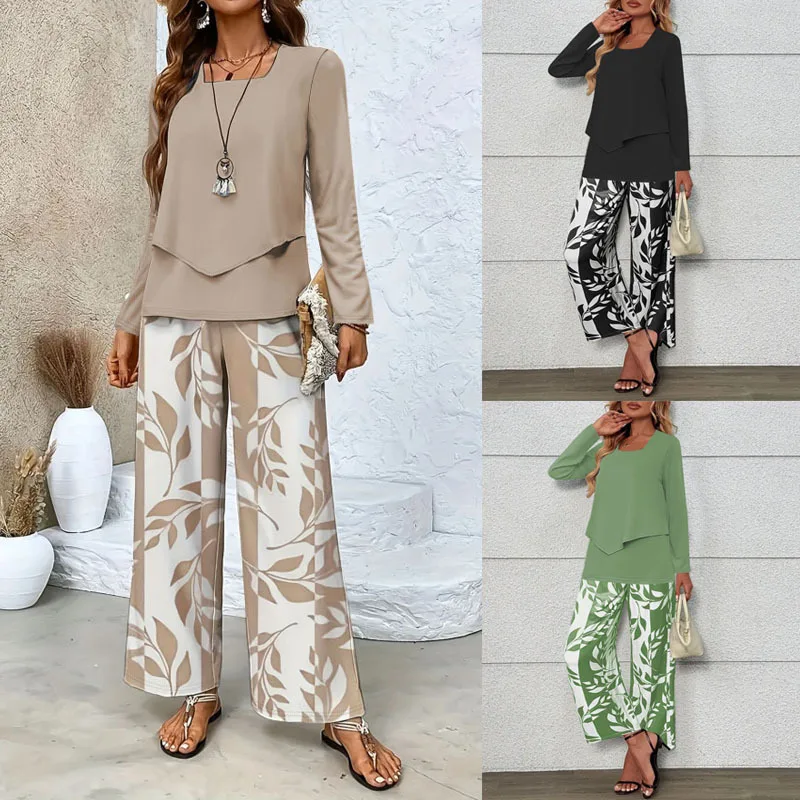 Plus-size European and American cross-border autumn and winter printed long-sleeve set, casual and elegant commuter two-piece se